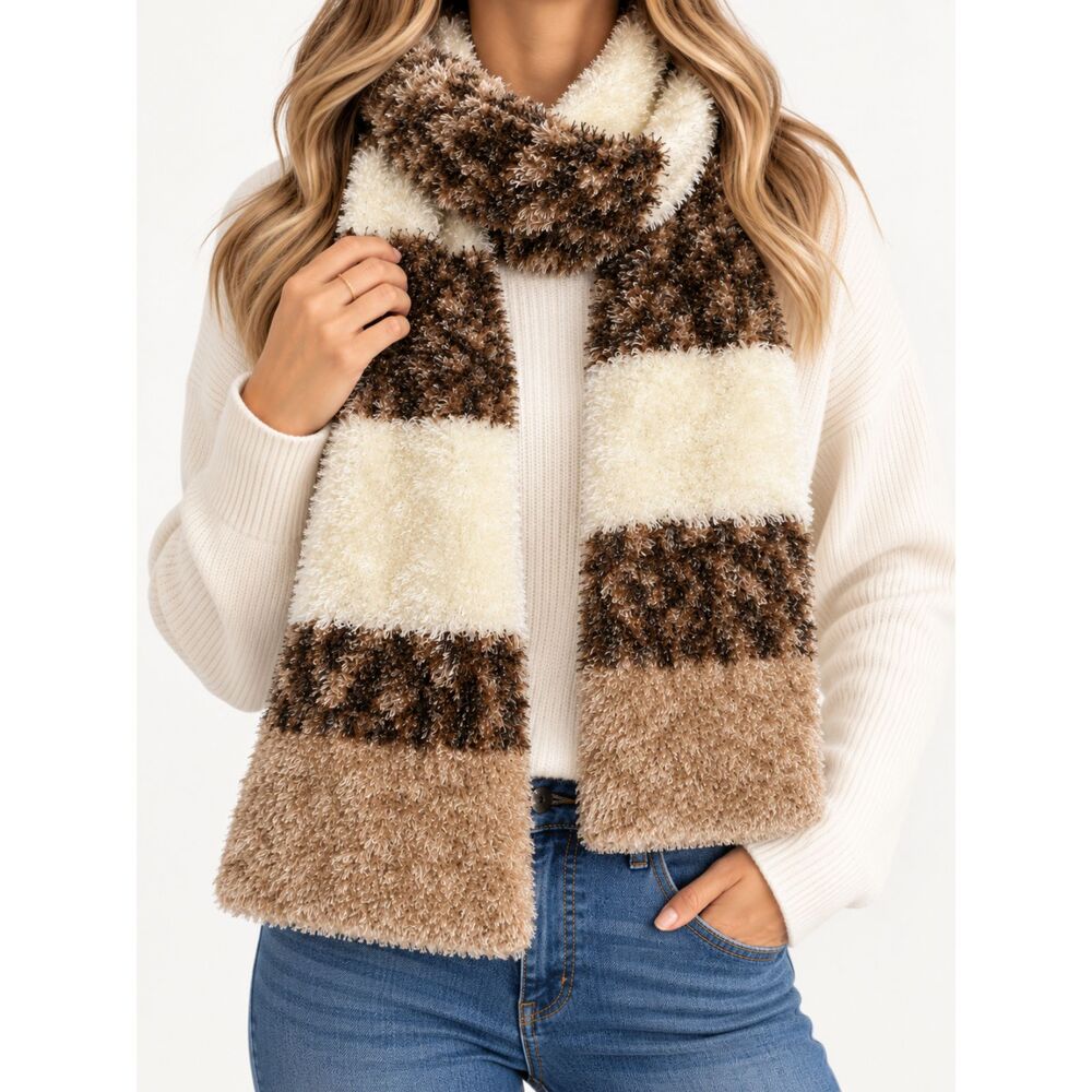 St. John's Bay Fuzzy Plush Scarf Brown Cream Colorblock Soft Cozy Y2K Winter